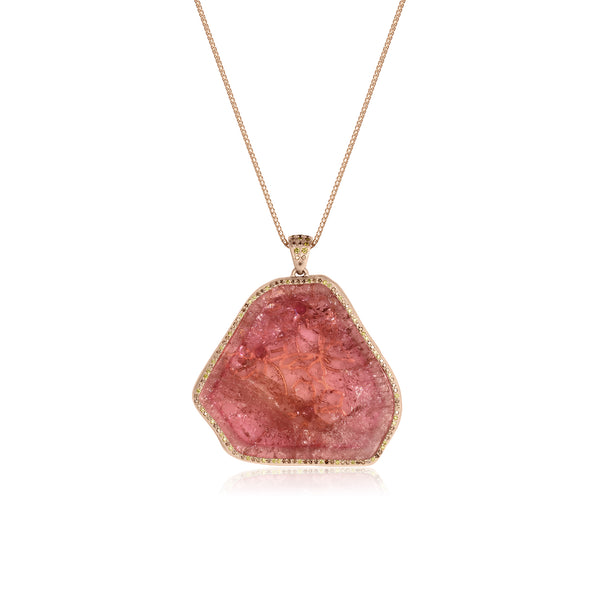 Morganite slice one of a kind pendant necklace detailed in yellow and champagne diamonds<span class='visuallyhidden'>; shop help at 760-978-9297.</span>